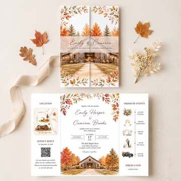 Custom Fall Wedding Invitation Suite, Personalized Barn Venue Watercolor Invitations, Rustic Autumn Wedding Stationery