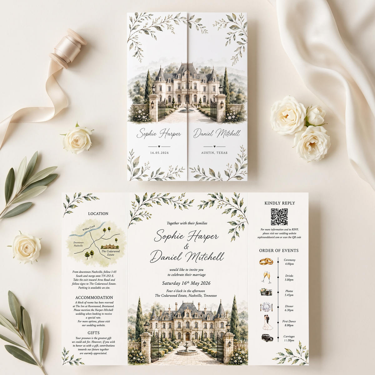 Custom Watercolor Wedding Invitation Suite, Personalized Estate Venue Wedding Invitations, Luxury Garden Wedding Stationery