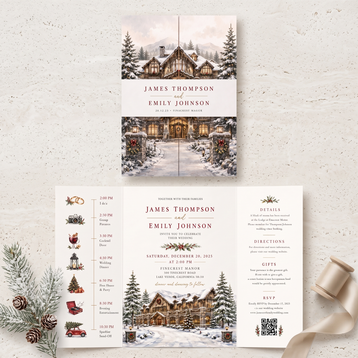 Custom Winter Wedding Invitations, Snowy Venue Illustration, Christmas Wedding Invitation Suite, Personalized Luxury Wedding Stationery