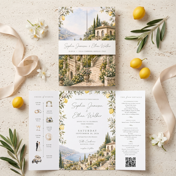 Custom Italian Wedding Invitations, Amalfi Coast Venue Illustration, Lemon Floral Wedding Invitation Suite, Luxury Personalized Stationery
