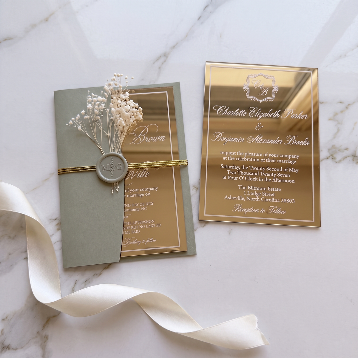 Luxury Gold Mirror Acrylic Wedding Invitations Suite, Sage Green Wedding Invites, Personalized RSVP & Details Cards, Quinceanera Invitation Set