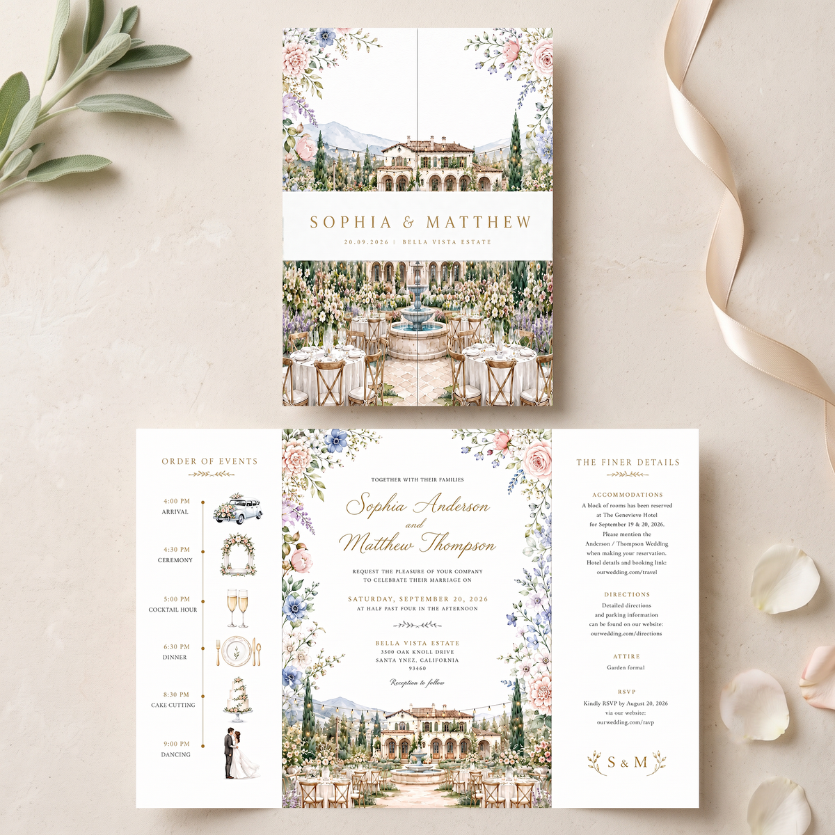 Watercolor Villa Wedding Invitations, Elegant Garden Wedding Invitation Suite, Personalized Floral Wedding Invites, Luxury Destination Wedding