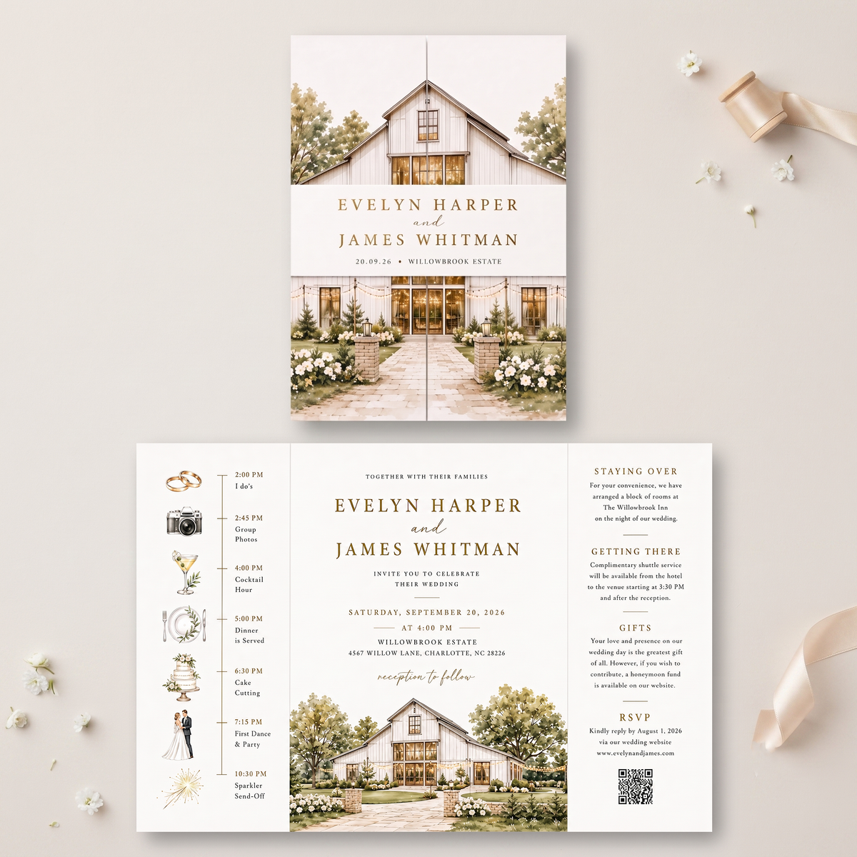 Personalized Rustic Barn Wedding Invitations, Watercolor Venue Illustration, Elegant Wedding Invitation Suite, Custom RSVP & Details Card