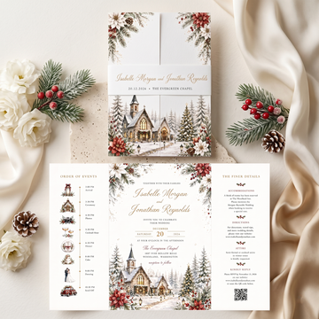 Custom Christmas Wedding Invitations, Winter Church Venue Illustration, Holiday Wedding Invitation Suite, Personalized Luxury Stationery