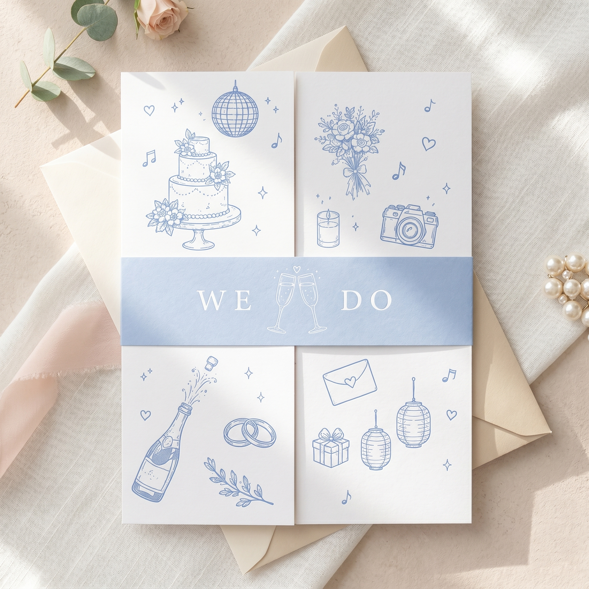Personalized Blue Wedding Invitation Suite | Elegant Illustrated Wedding Invitations with Custom Details & RSVP