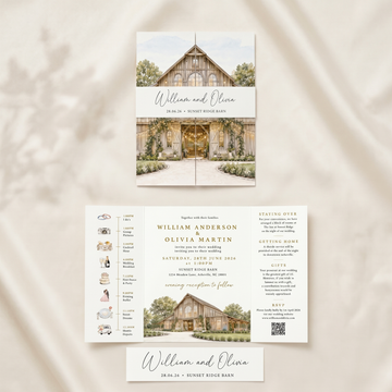 Personalized Wedding Invitation with Custom Venue Illustration | Rustic Wedding Invitation Suite