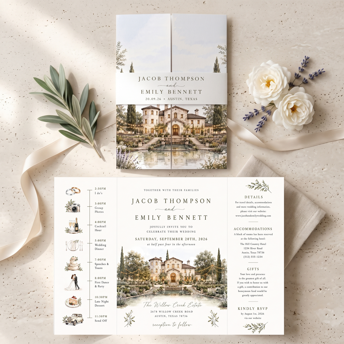 Personalized Mediterranean Wedding Invitations, Luxury Villa Wedding Invitation Suite, Watercolor Venue Illustration, Custom RSVP & Details Card
