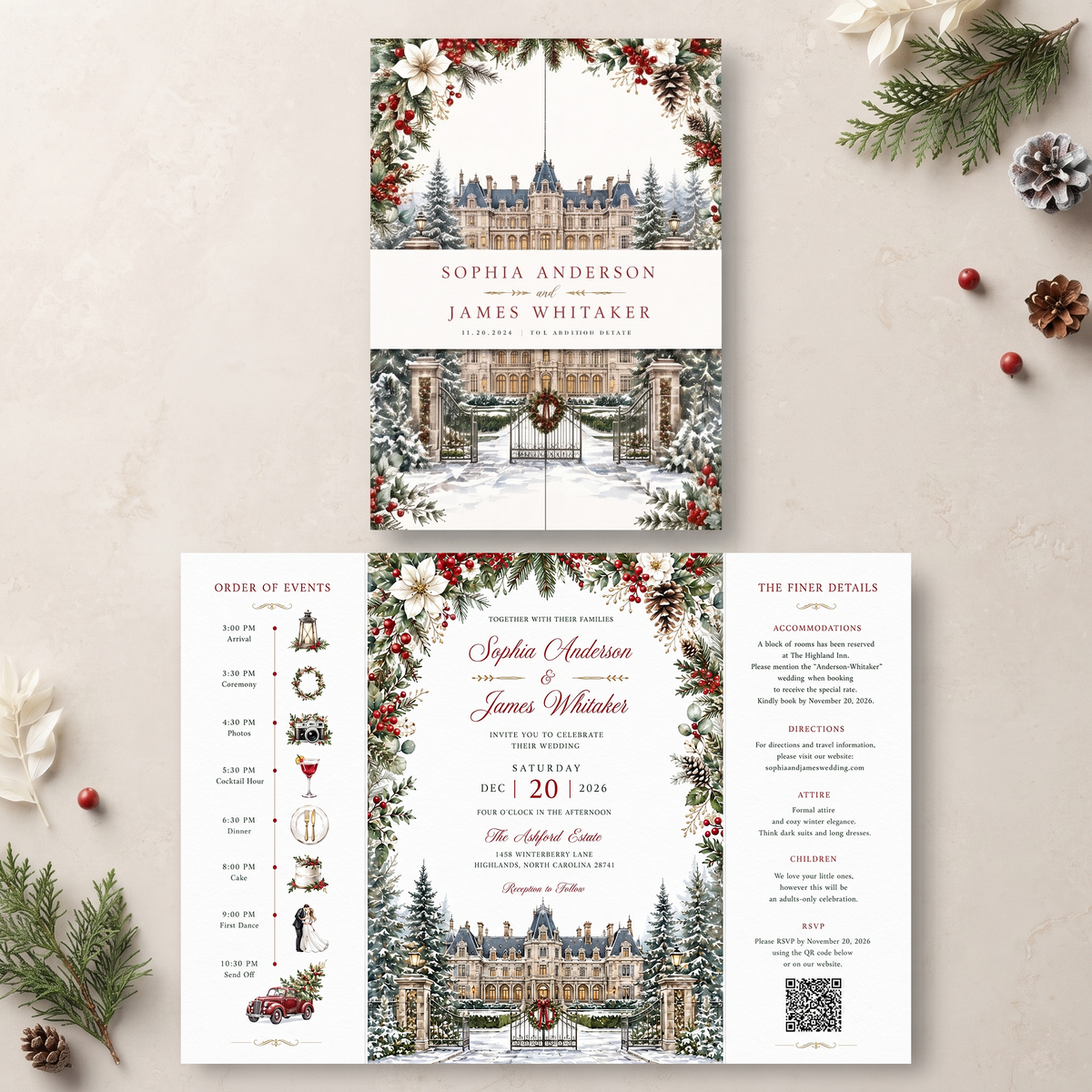 Christmas Wedding Invitation Suite, Winter Wedding Invitations, Snowy Chateau Wedding, Holiday Floral Wedding Invite, Personalized Wedding Stationery