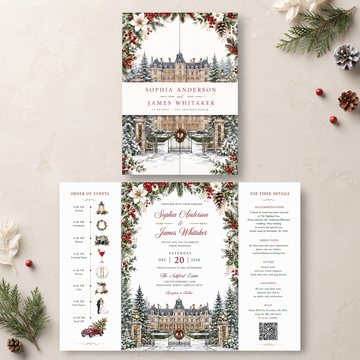 Christmas Wedding Invitation Suite, Winter Wedding Invitations, Snowy Chateau Wedding, Holiday Floral Wedding Invite, Personalized Wedding Stationery
