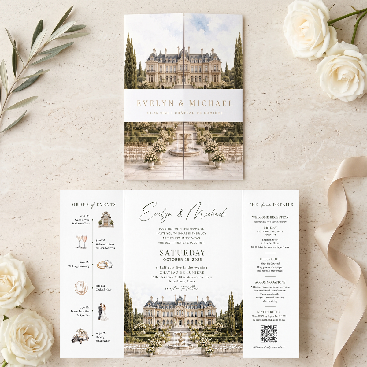 Personalized Château Wedding Invitation Suite | Luxury French Estate Wedding Invitations with Custom Venue Illustration & RSVP