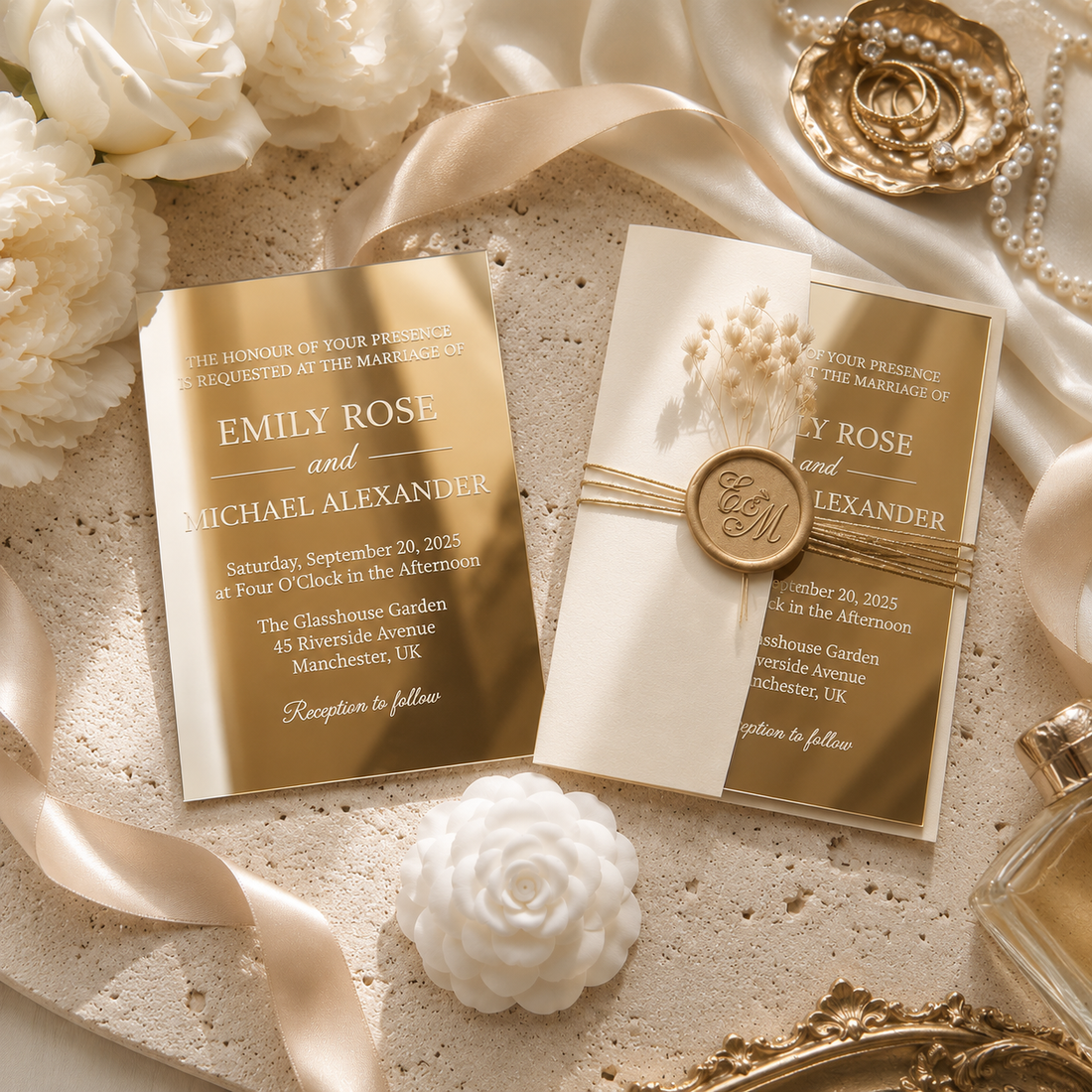 Gold Mirror Acrylic Wedding Invitation Suite, Personalized Wedding Invitations with RSVP QR Code, Luxury Gold Wedding Stationery, Details & RSVP Cards