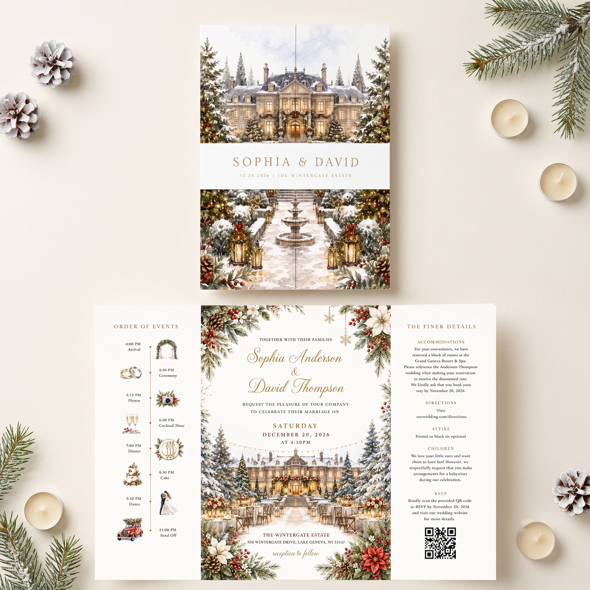 Christmas Wedding Invitations, Elegant Winter Wedding Invitation Suite, Personalized Holiday Wedding Invites, Snowy Estate Wedding Stationery