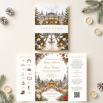 Christmas Wedding Invitations, Elegant Winter Wedding Invitation Suite, Personalized Holiday Wedding Invites, Snowy Estate Wedding Stationery