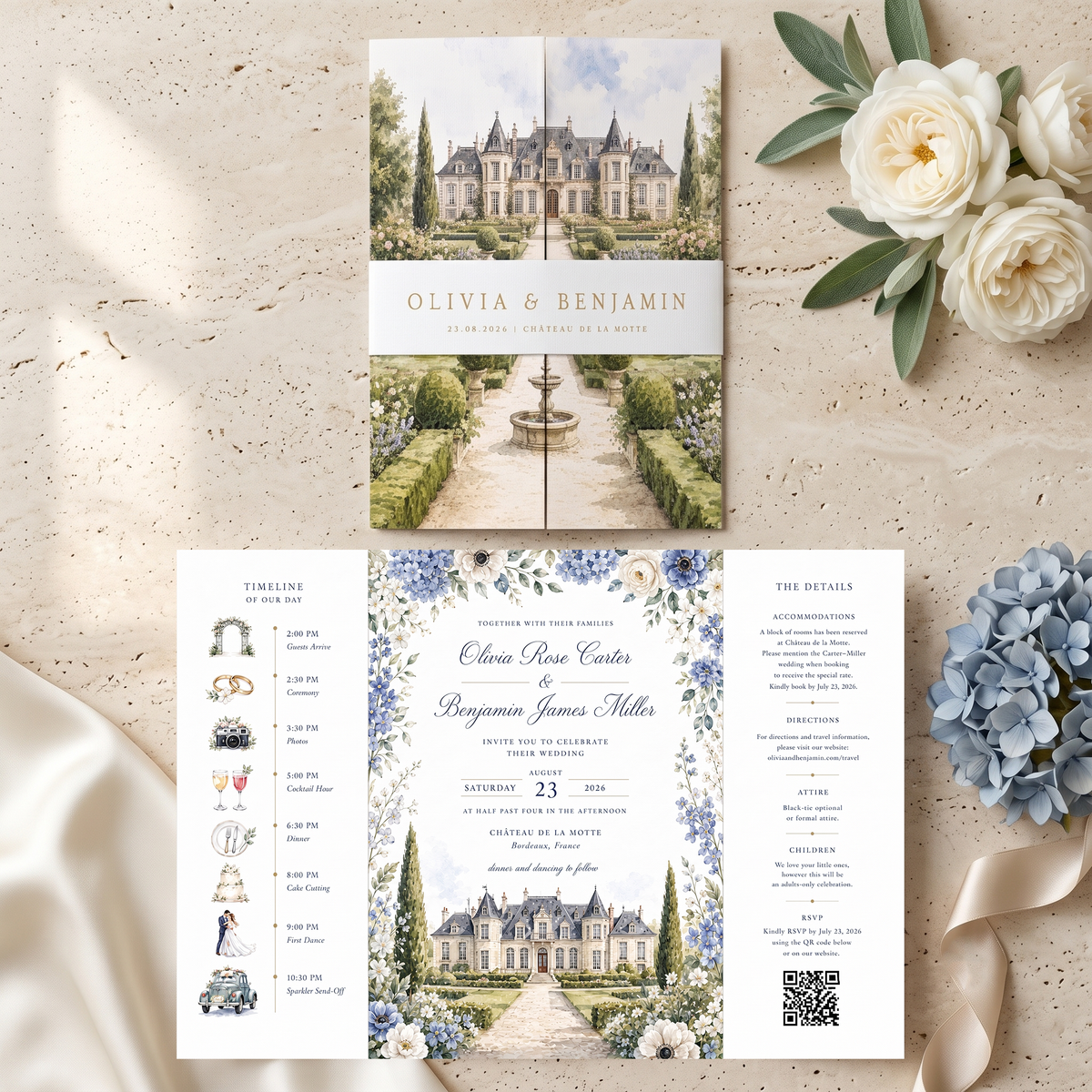 Personalized French Chateau Wedding Invitations, Blue Floral Wedding Invitation Suite, Custom Venue Illustration, RSVP QR Code