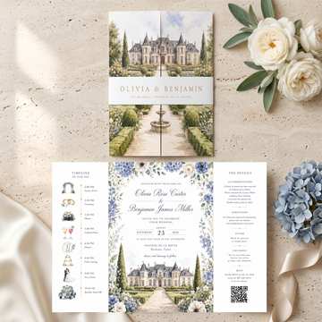 Personalized French Chateau Wedding Invitations, Blue Floral Wedding Invitation Suite, Custom Venue Illustration, RSVP QR Code