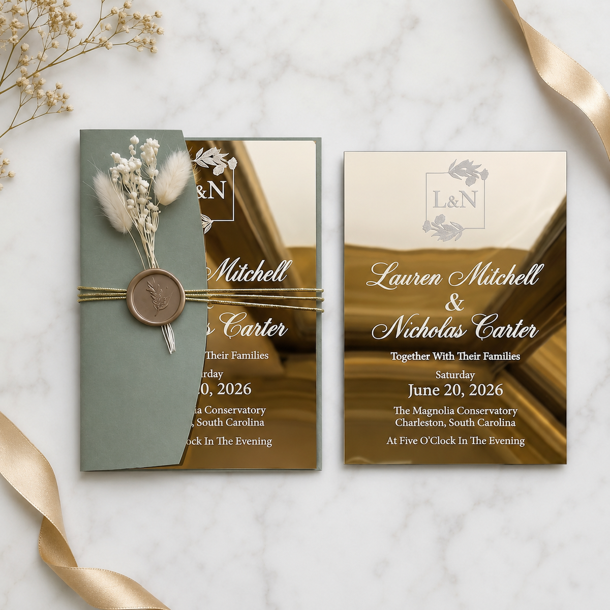 Luxury Gold Acrylic Wedding Invitation, Personalized Wedding Invite with Sage Green Envelope, QR RSVP Card & Wedding Details Card