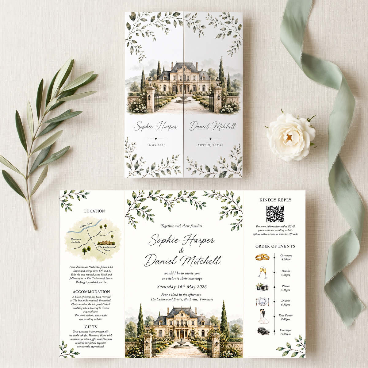 Personalized Estate Wedding Invitation, Custom Venue Watercolor Wedding Suite, Luxury Garden Wedding Invitations