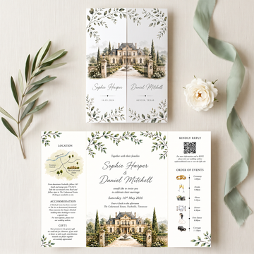 Personalized Estate Wedding Invitation, Custom Venue Watercolor Wedding Suite, Luxury Garden Wedding Invitations
