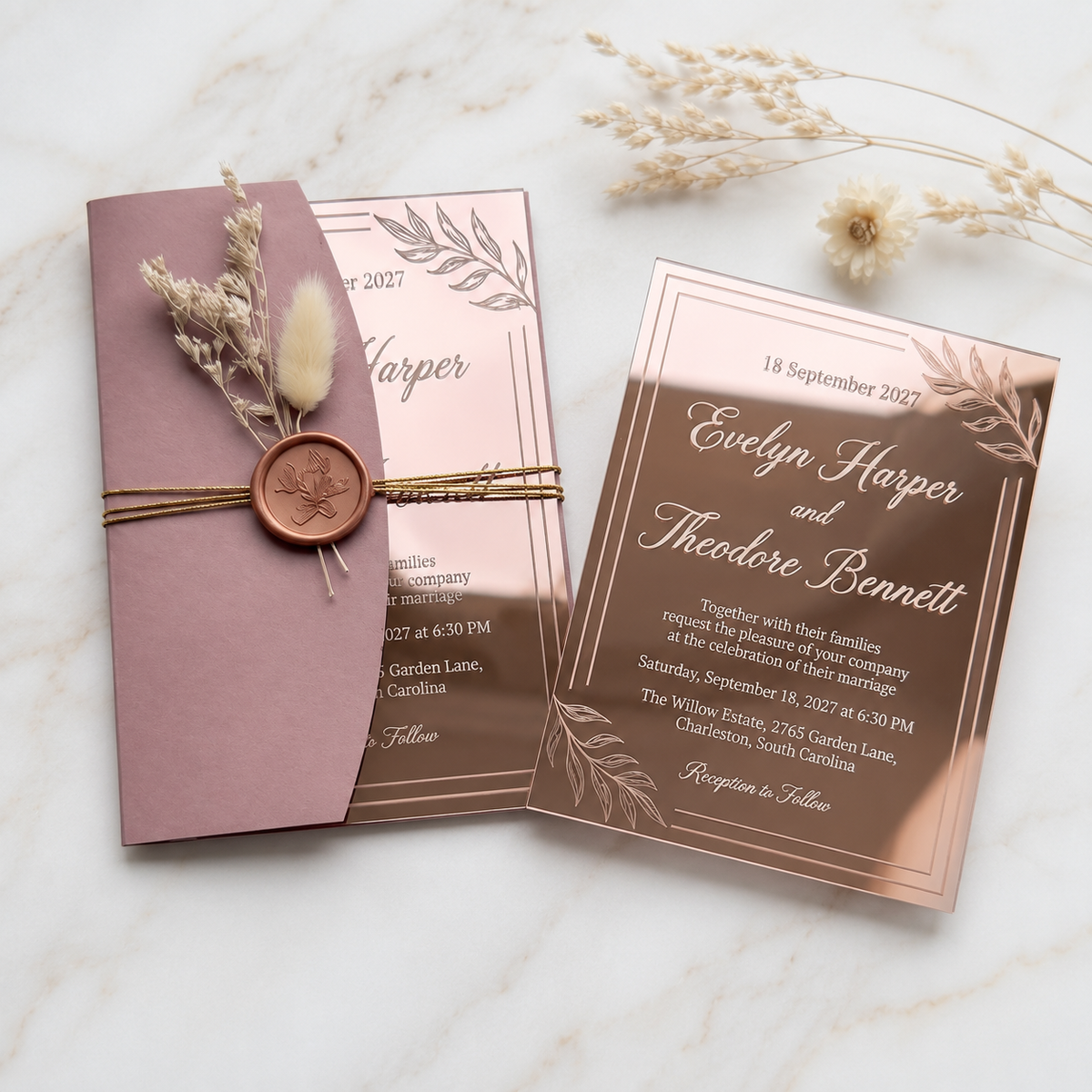 Luxury Rose Gold Mirror Acrylic Wedding Invitation Suite, Personalized Wedding Invite with Burgundy Envelope, RSVP & Details Cards