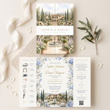 Personalized Villa Wedding Invitation Suite | Luxury Floral Wedding Invitations with Custom Venue Illustration & RSVP