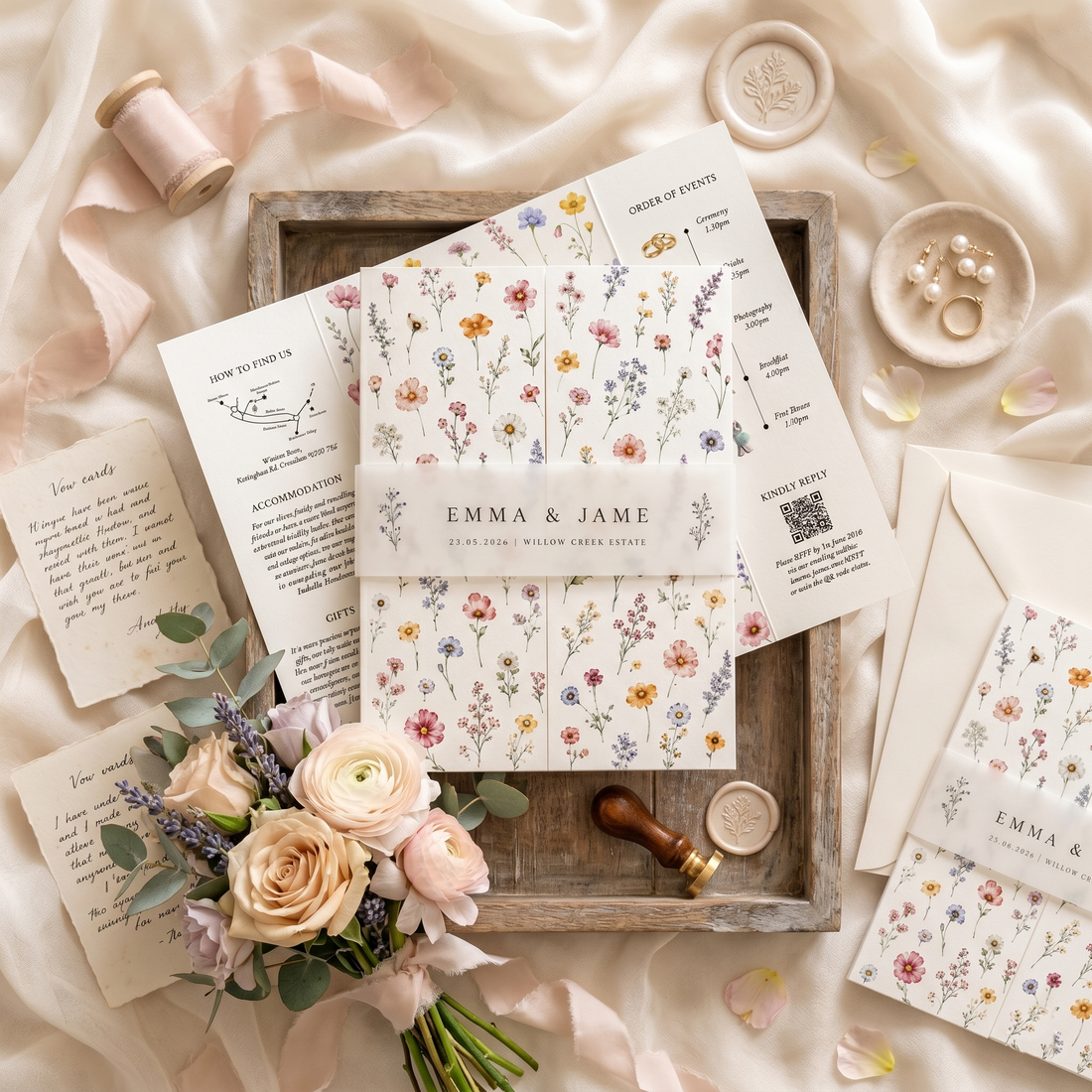 Wildflower Wedding Invitation Suite | Elegant Botanical Wedding Invitations with Custom RSVP & QR Code