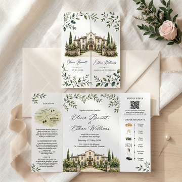 Personalized Wedding Invitation, Watercolor Venue Illustration, Folded Wedding Invitation with RSVP QR Code, Custom Venue Wedding Suite