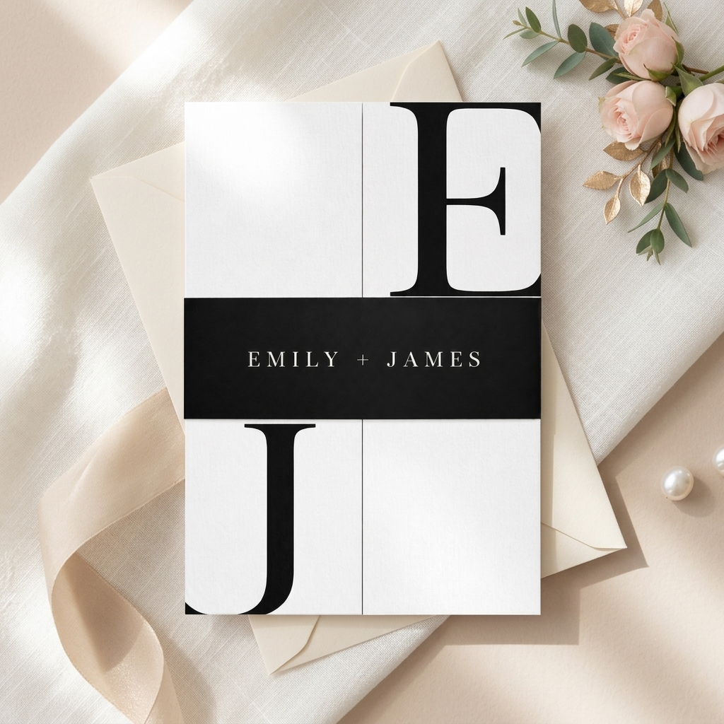 Modern Black and White Wedding Invitation, Personalized Monogram Invitation Suite with RSVP Card