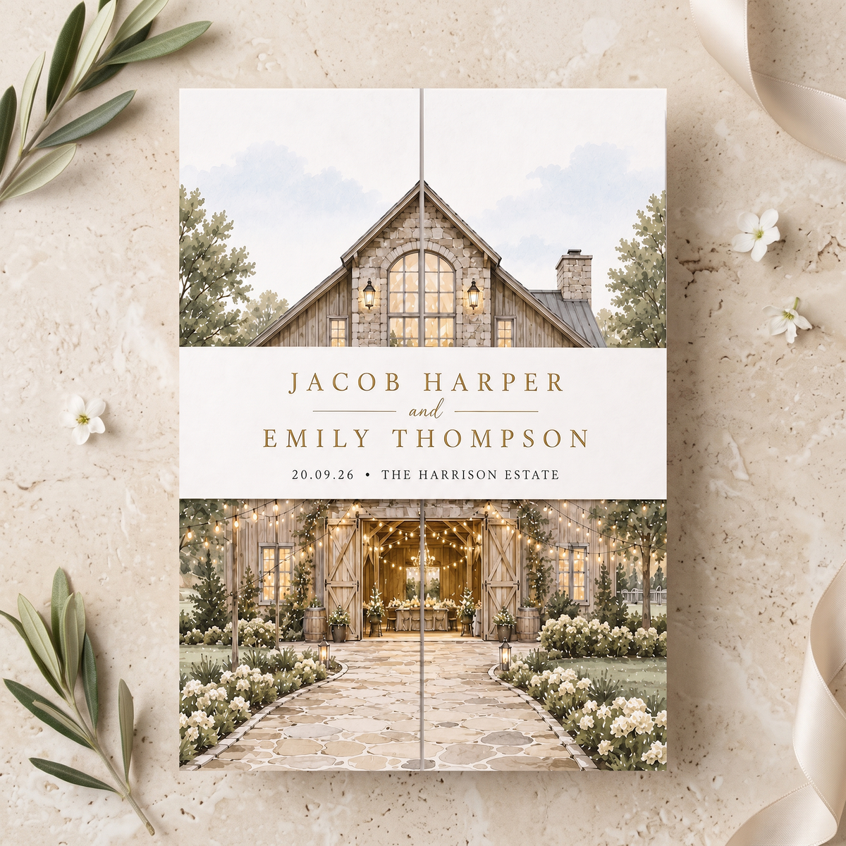 Personalized Rustic Barn Wedding Invitations, Watercolor Venue Illustration, Elegant Farmhouse Wedding Invitation Suite, Custom RSVP & Details Card