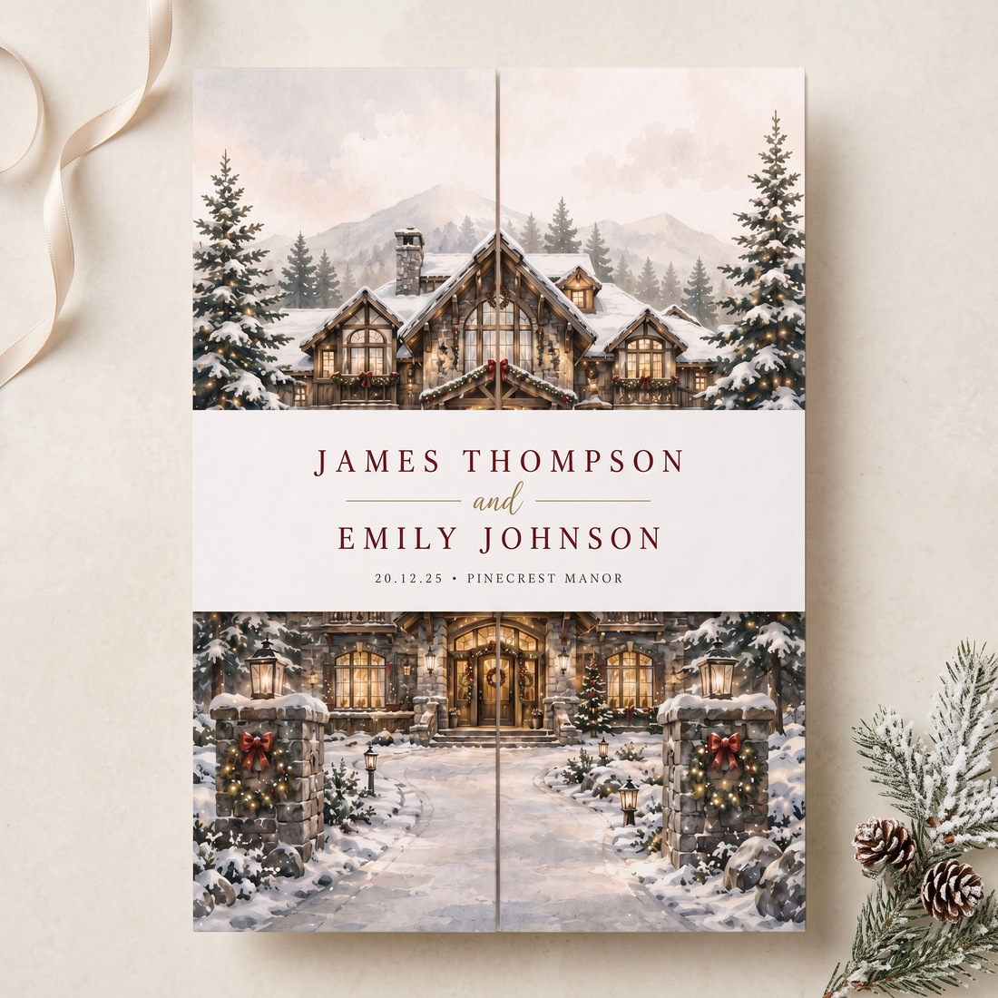 Custom Winter Wedding Invitations, Snowy Venue Illustration, Christmas Wedding Invitation Suite, Personalized Luxury Wedding Stationery