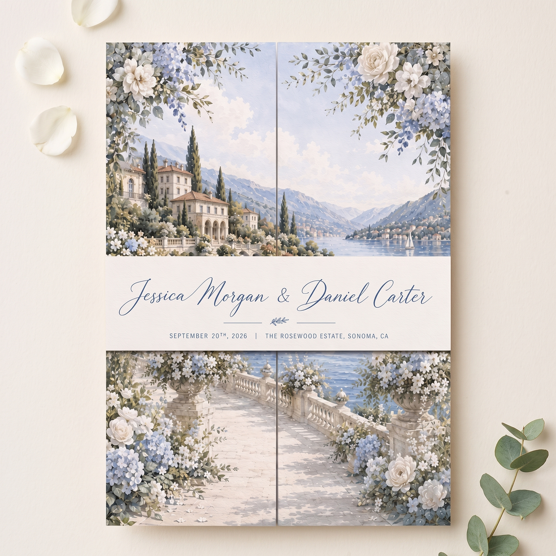 Personalized Blue Floral Wedding Invitation Suite, Luxury Destination Wedding Invitations, Custom Wedding Invitation Set