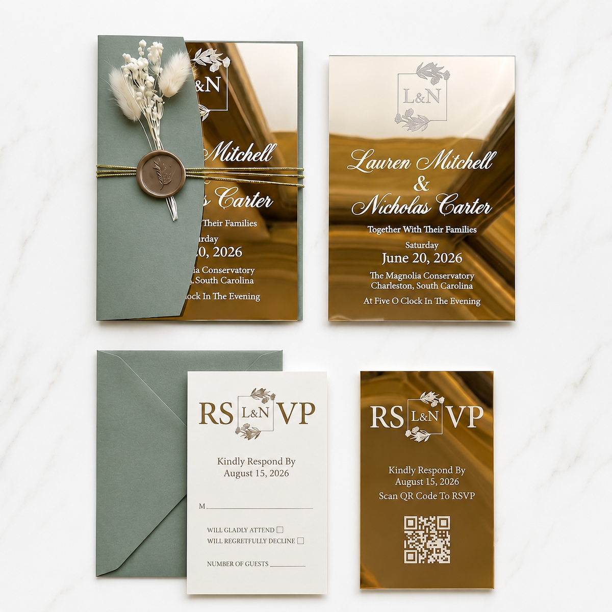 Luxury Gold Acrylic Wedding Invitation, Personalized Wedding Invite with Sage Green Envelope, QR RSVP Card & Wedding Details Card