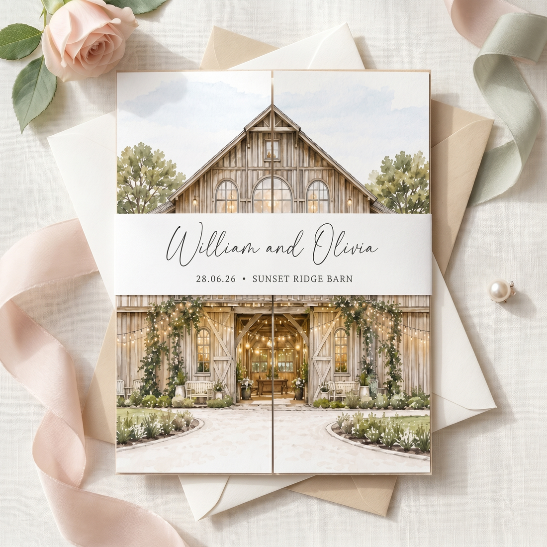 Personalized Wedding Invitation with Custom Venue Illustration | Rustic Wedding Invitation Suite