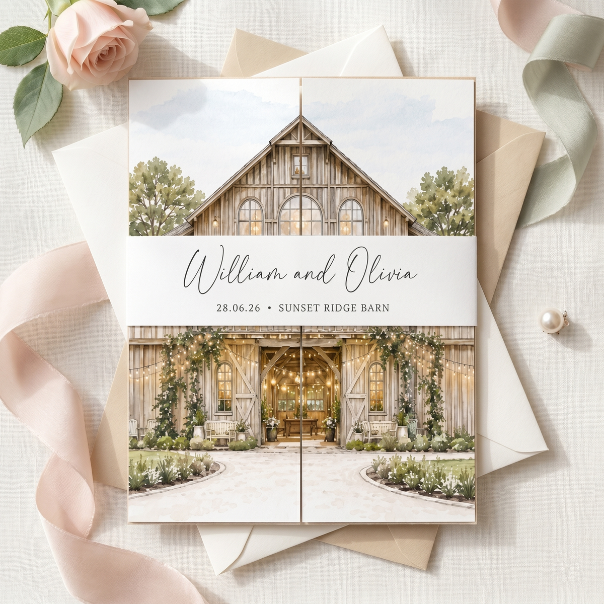 Personalized Wedding Invitation with Custom Venue Illustration | Rustic Wedding Invitation Suite