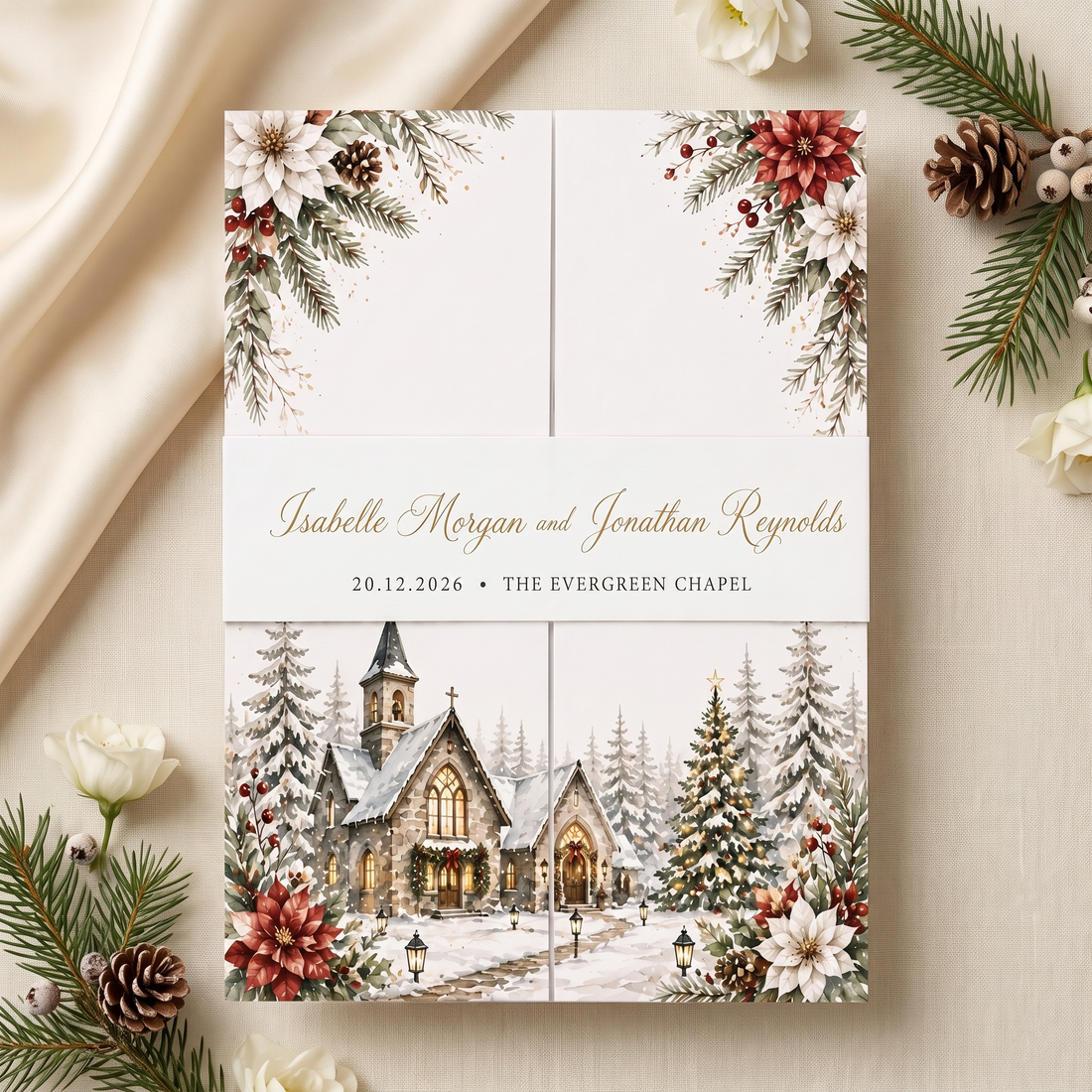 Custom Christmas Wedding Invitations, Winter Church Venue Illustration, Holiday Wedding Invitation Suite, Personalized Luxury Stationery