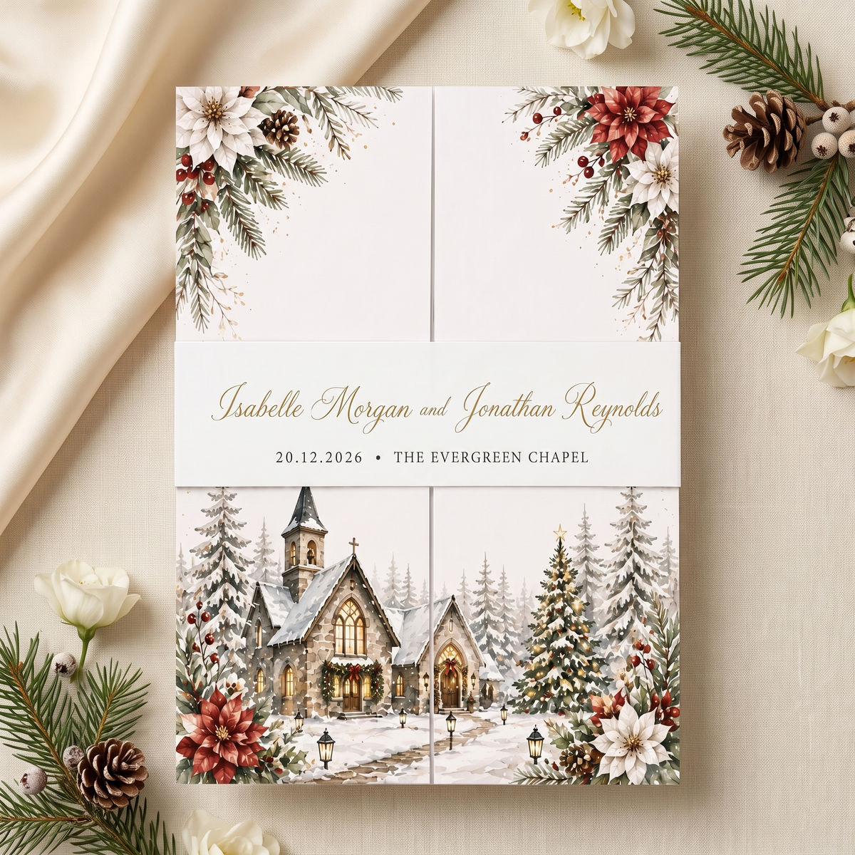 Custom Christmas Wedding Invitations, Winter Church Venue Illustration, Holiday Wedding Invitation Suite, Personalized Luxury Stationery
