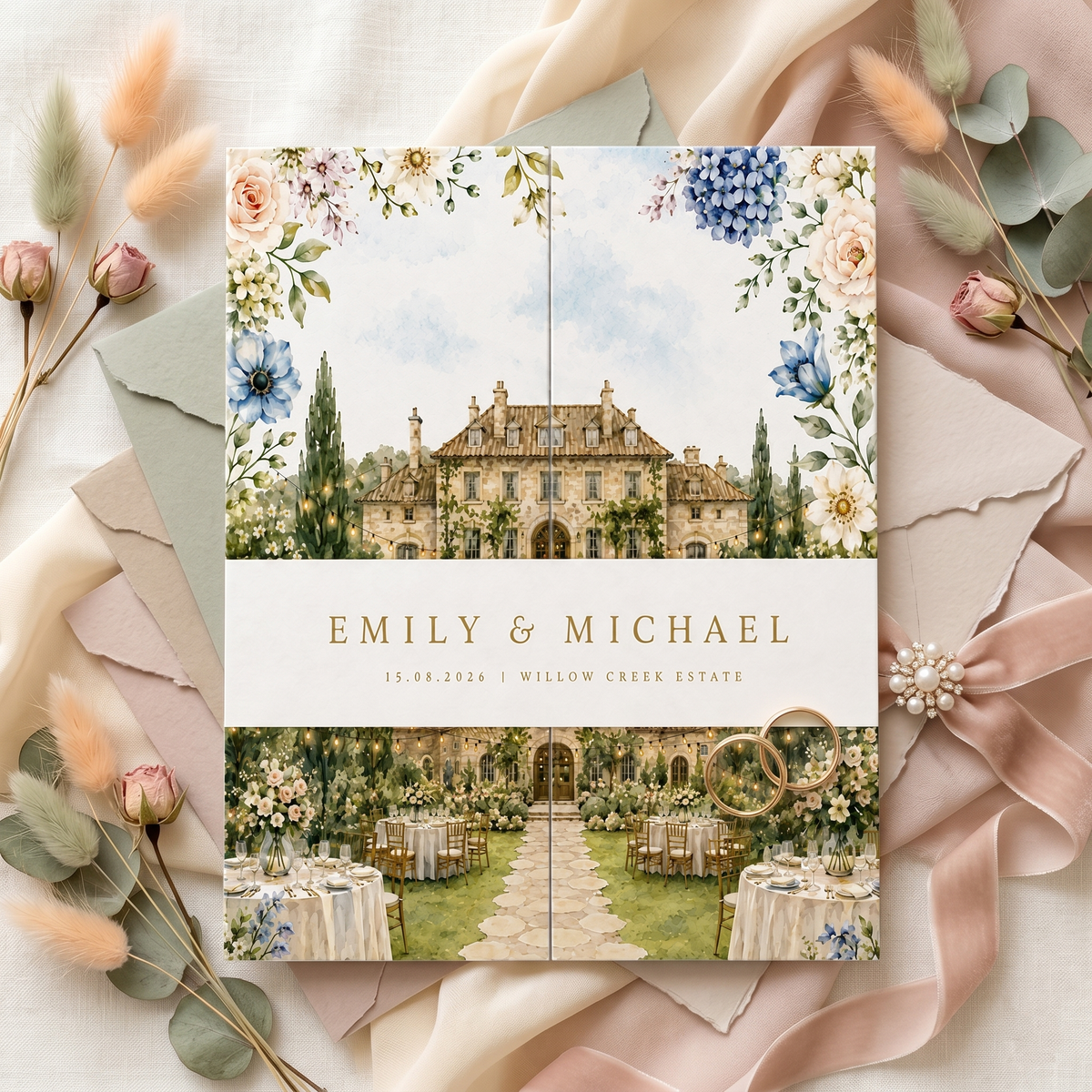 Personalized Wedding Invitation, Custom Watercolor Venue Illustration, Luxury Floral Wedding Invitation Suite