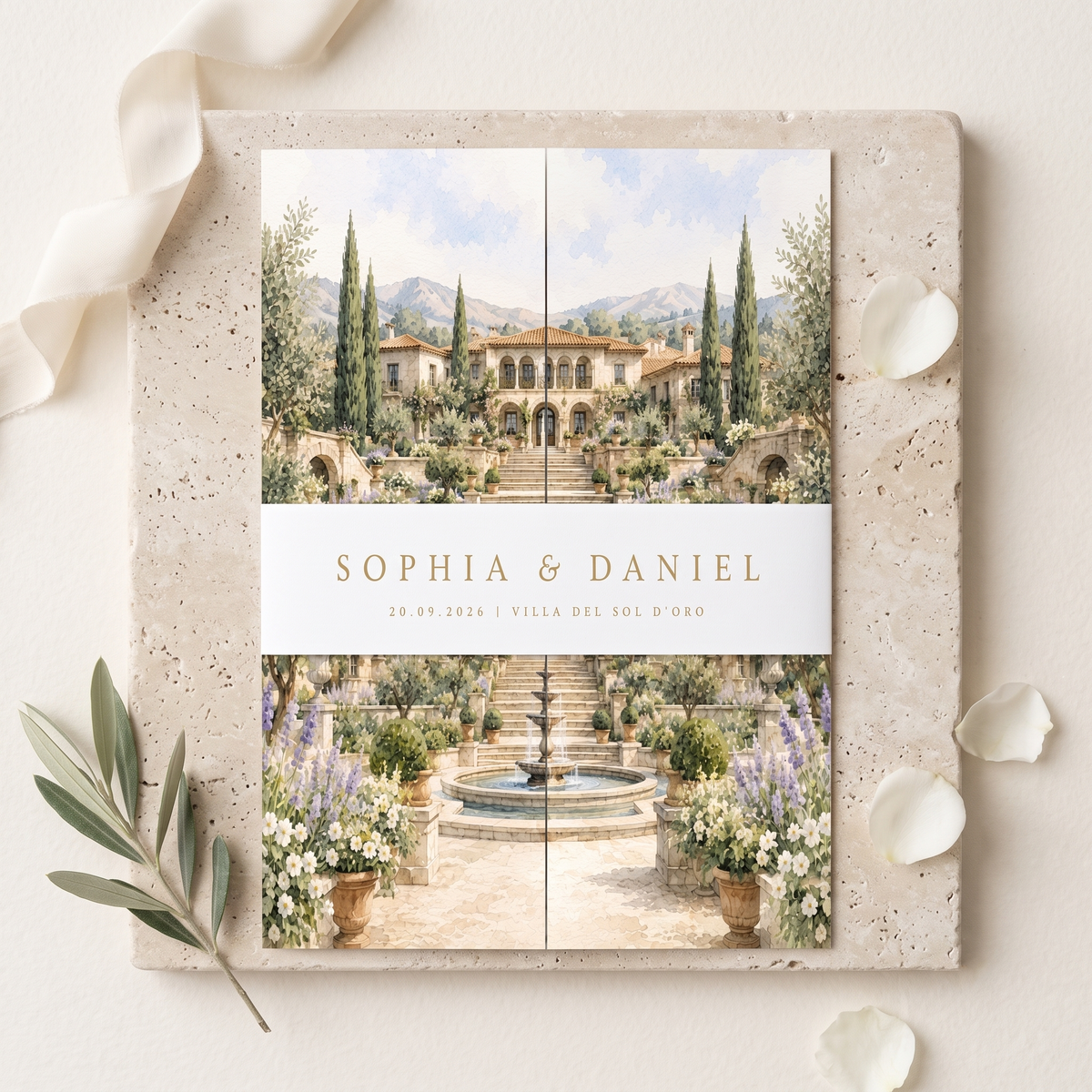 Personalized Villa Wedding Invitation Suite | Luxury Floral Wedding Invitations with Custom Venue Illustration & RSVP
