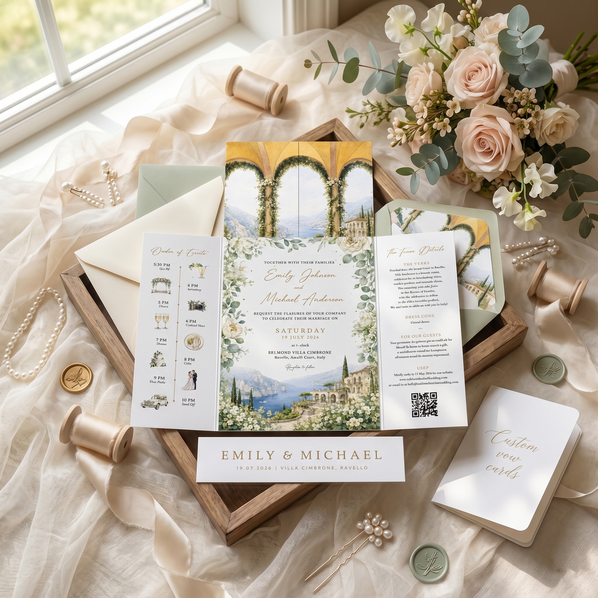 Personalized Amalfi Coast Wedding Invitation, Italy Destination Wedding Invitation, Watercolor Villa Gatefold Invitati