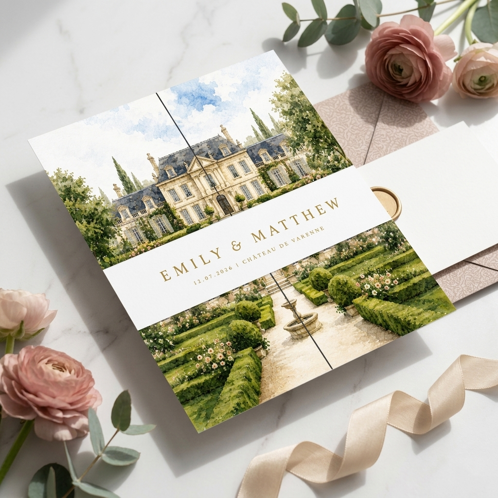 Personalized Wedding Invitation, Custom Watercolor Wedding Venue Illustration, Luxury Floral Wedding Invitation Suite