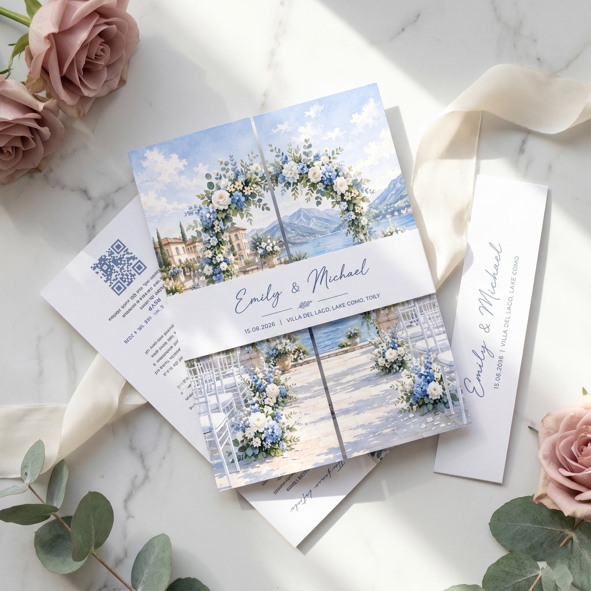 Personalized Mediterranean Wedding Invitation Suite | Elegant Floral Venue Invitations with Custom RSVP & QR Code