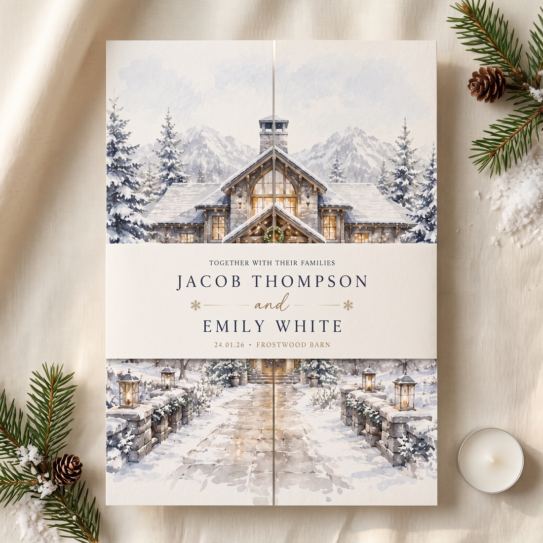 Custom Winter Wedding Invitations, Snowy Mountain Venue Illustration, Personalized Winter Wedding Invitation Suite, Luxury Stationery