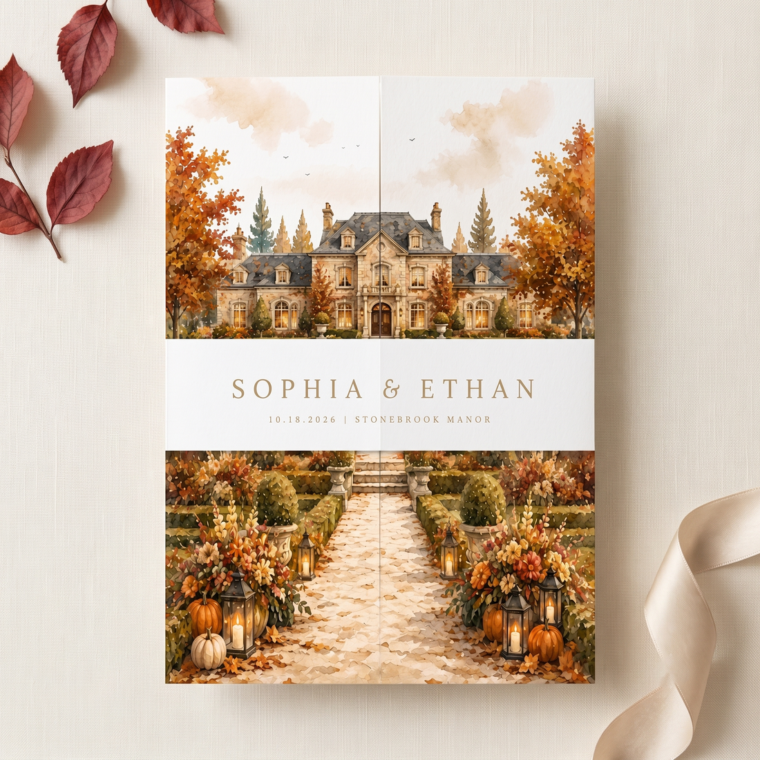 Fall Wedding Invitations, Rustic Autumn Wedding Invitation Suite, Personalized Floral Wedding Invites, Elegant Pumpkin Wedding Stationery