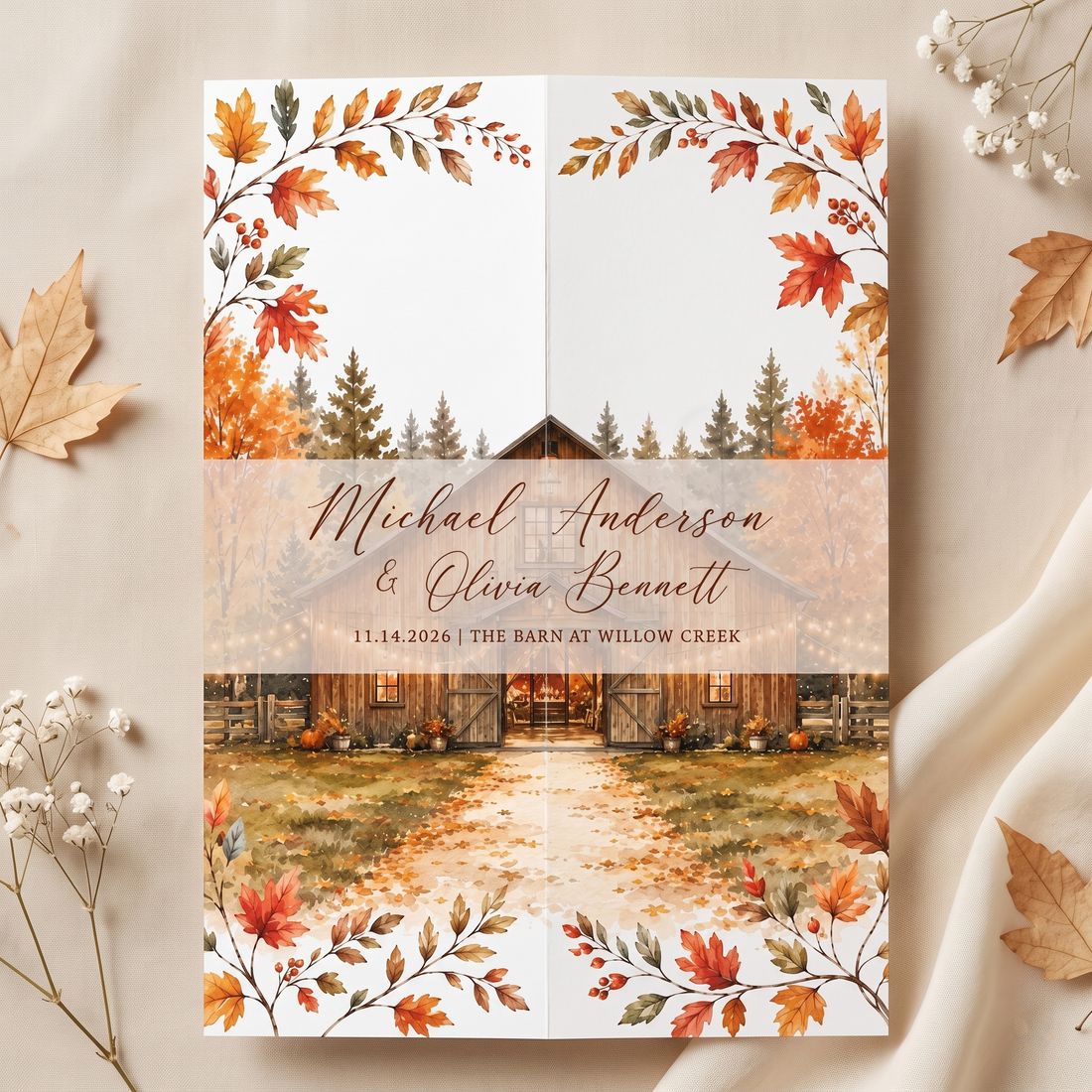 Custom Fall Wedding Invitations, Personalized Barn Venue Watercolor Wedding Suite, Rustic Autumn Wedding Stationery