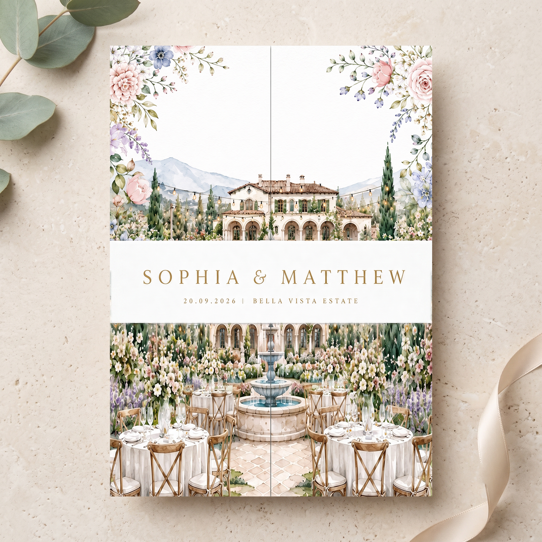 Watercolor Villa Wedding Invitations, Elegant Garden Wedding Invitation Suite, Personalized Floral Wedding Invites, Luxury Destination Wedding