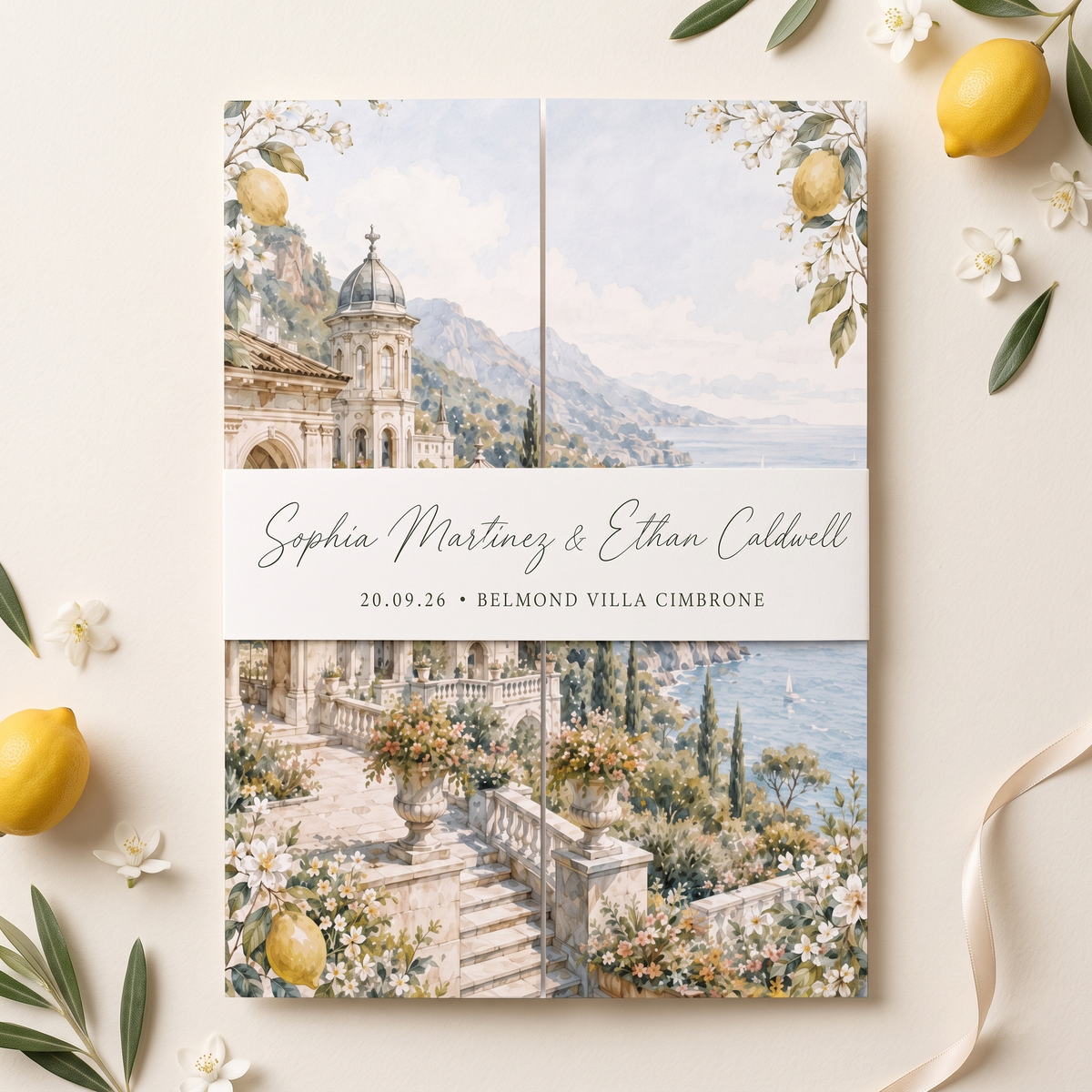 Amalfi Coast Lemon Wedding Invitation Suite, Italy Wedding Invitations, Personalized Destination Wedding Invite