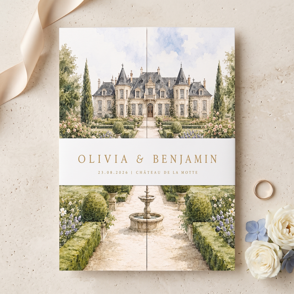 Personalized French Chateau Wedding Invitations, Blue Floral Wedding Invitation Suite, Custom Venue Illustration, RSVP QR Code