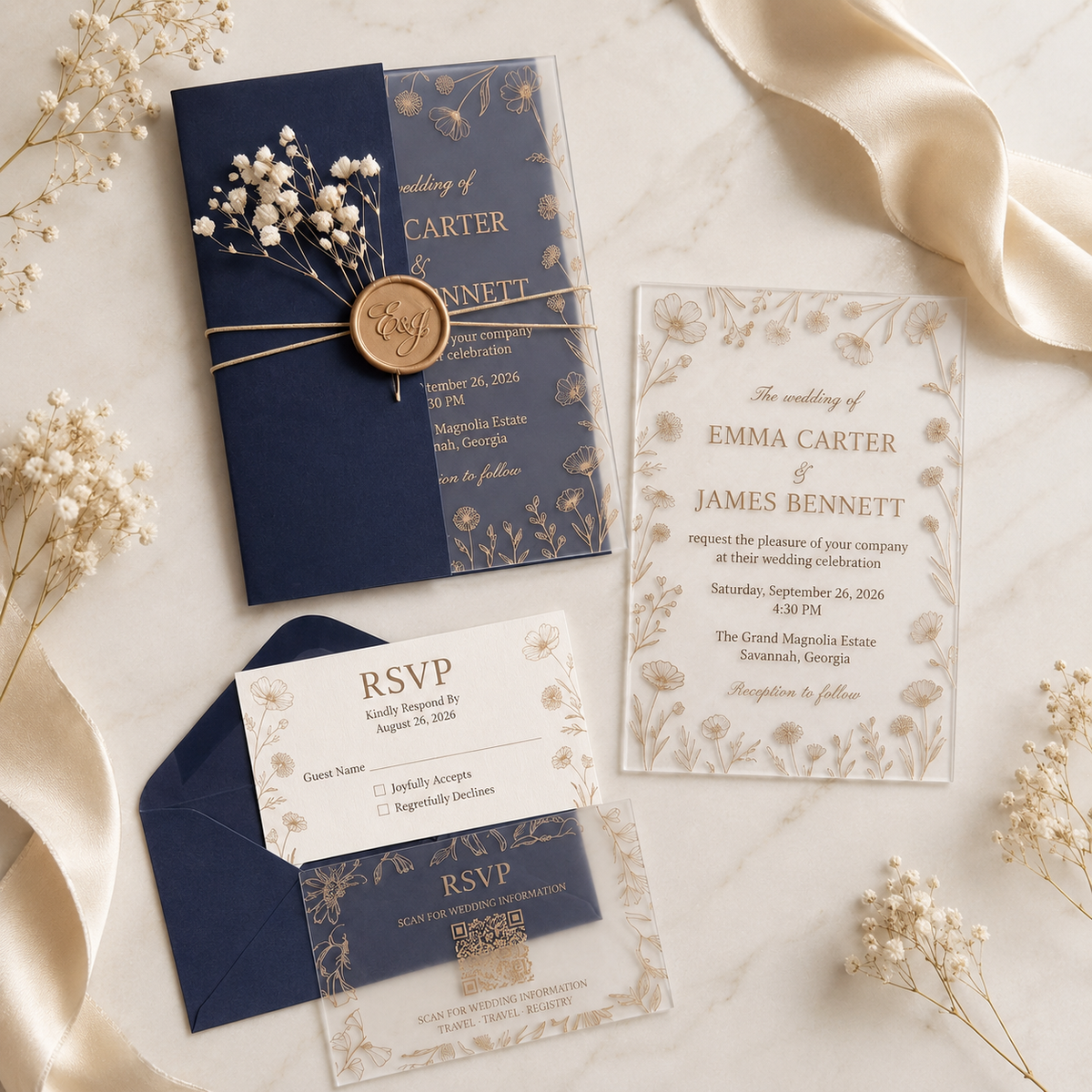 Luxury Clear Acrylic Wedding Invitation Suite, Personalized Gold Floral Wedding Invite with Navy Blue Envelope, RSVP & QR Code Card