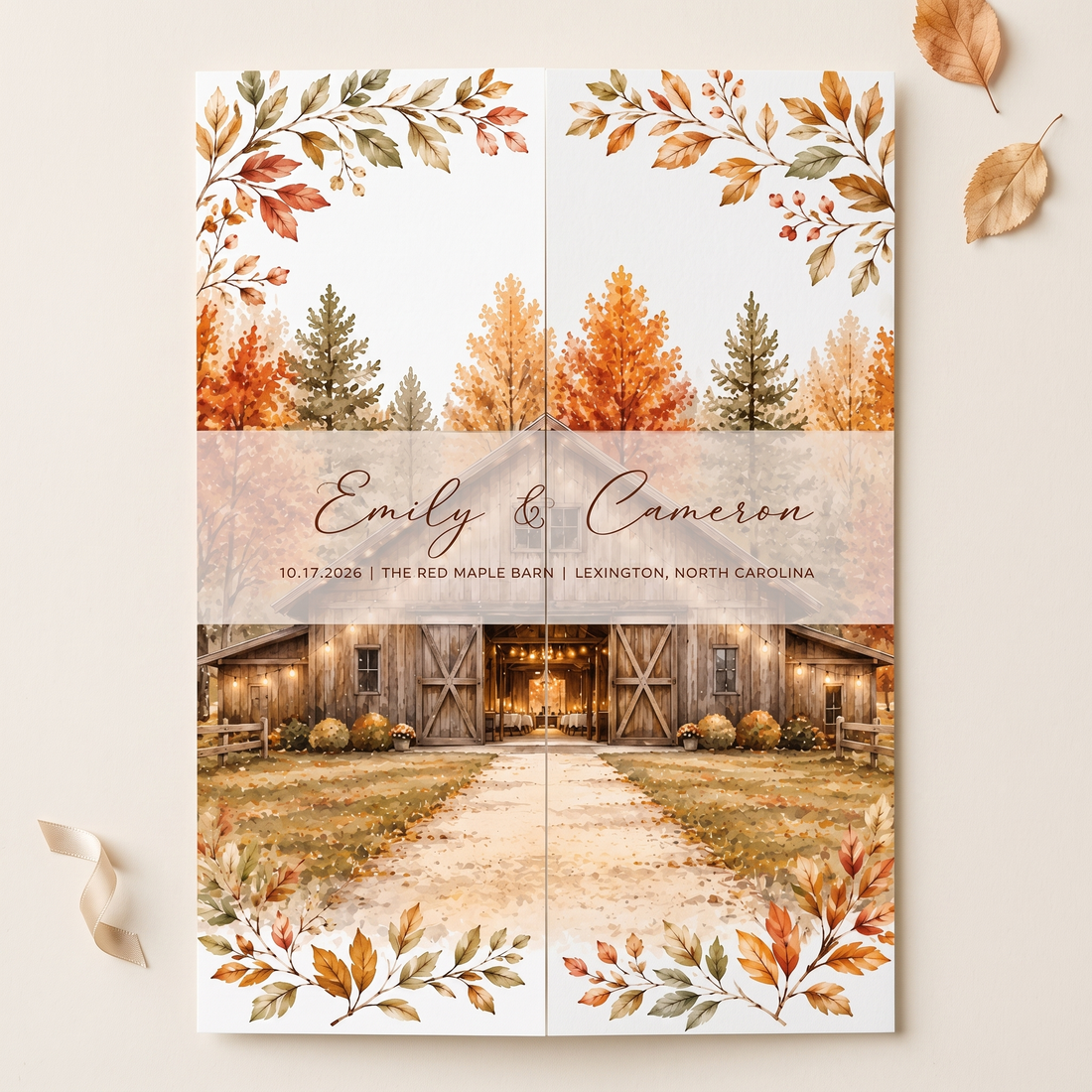 Custom Fall Wedding Invitation Suite, Personalized Barn Venue Watercolor Invitations, Rustic Autumn Wedding Stationery