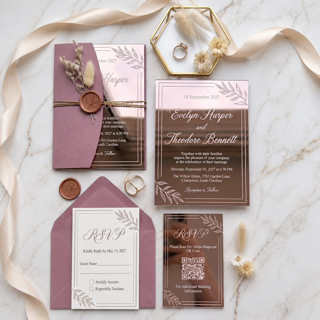 Luxury Rose Gold Mirror Acrylic Wedding Invitation Suite, Personalized Wedding Invite with Burgundy Envelope, RSVP & Details Cards