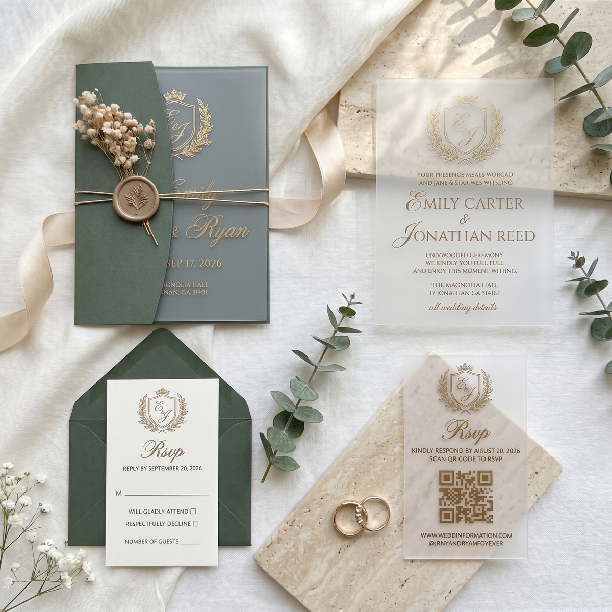 Minimalist Frosted Acrylic Wedding Invitation, Modern Custom Wedding Invite with QR RSVP, Wax Seal & Envelope, Elegant Green Wedding Stationer